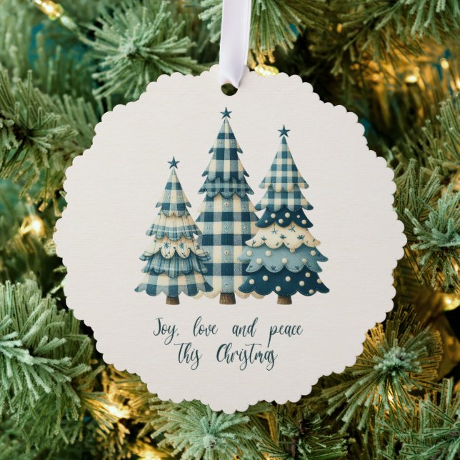 Joy, Love and Peace Blue Chequered Christmas Trees Ornament Card (Insitu (Tree))