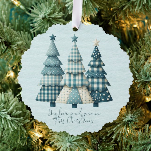Joy, Love and Peace Blue Chequered Christmas Trees Ornament Card (Insitu (Tree))