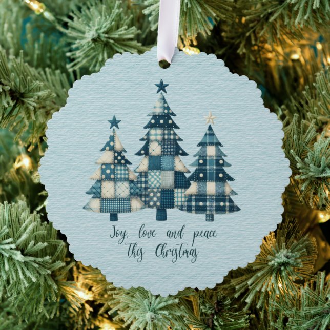 Joy, Love and Peace Blue Chequered Christmas Trees Ornament Card (Insitu (Tree))