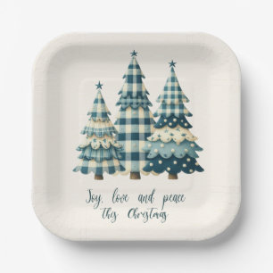 Joy, Love and Peace Blue Chequered Christmas Trees Paper Plate