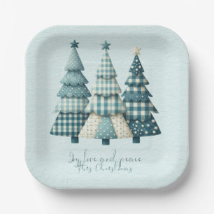 Joy, Love and Peace Blue Chequered Christmas Trees Paper Plate