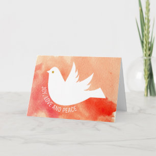 Joy, Love and Peace dove watercolor coral peach Holiday Card