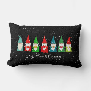 Joy, Love & Christmas Gnomes on Black Lumbar Pillow