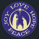 Joy Love Hope Peace Christmas Classic Round Sticker<br><div class="desc">Keep Christ in your Christmas correspondence and activities with this beautiful "Joy Love Hope Peace" sticker. The text circles a gold silhouette nativity scene with the Star of Bethlehem at the top of it. Everything is placed on a dark blue background to make it really stand out.</div>