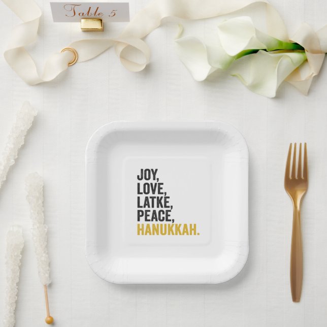 Joy Love Latkes Peace Hanukkah Funny Jewish Paper Plate (Wedding)