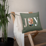 Joy Love Modern Type Geometric Family Photo Green Throw Pillow<br><div class="desc">Modern and stylish Christmas theme joy throw pillow design. The design features the word "JOY" with the letter "O" created with your own personalized family photo. Modern faux gold geometric concentric circle frames the photo. The reverse side features a modern faux gold geometric concentric circle pattern with Love & Joy....</div>