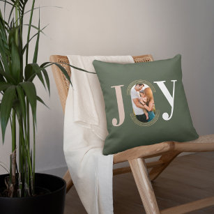 Joy Love Modern Type Geometric Family Photo Green Throw Pillow