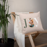 Joy & Love Modern Type Geometric Family Photo Pink Throw Pillow<br><div class="desc">Modern and stylish Christmas theme joy throw pillow design. The design features the word "JOY" with the letter "O" created with your own personalized family photo. Modern faux gold geometric concentric circle frames the photo. The reverse side features a modern faux gold geometric concentric circle pattern with Love & Joy....</div>