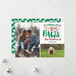 Joy Love Paws Christmas Red Green 2-Photo Dog Holiday Card