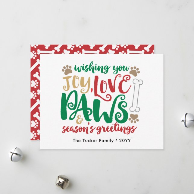 Joy Love Paws Dog Season's Greetings Red & Green Holiday Card (Front/Back In Situ)