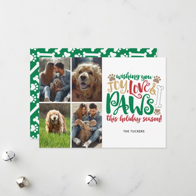 Joy Love Paws Happy Holidays Dog Green 4-Photo Holiday Card (Front/Back In Situ)