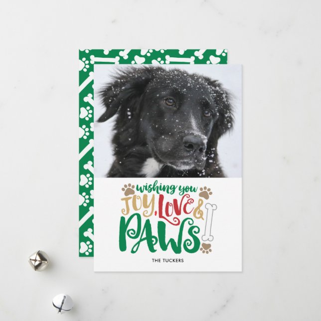 Joy Love Paws Peace Dog Photo Red Green Holiday Card (Front/Back In Situ)