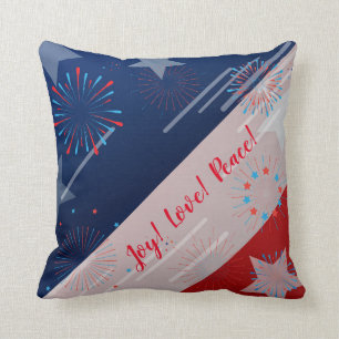 Joy! Love! Peace! American USA Flag and Fireworks Throw Pillow