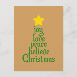 Joy, Love, Peace, Believe, Christmas Holiday Postcard