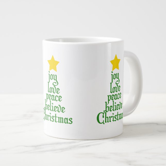 Joy, Love, Peace, Believe, Christmas Large Coffee Mug (Front Right)