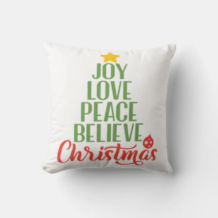 Joy, Love, Peace, Believe, Christmas Tree Coffee M Throw Pillow