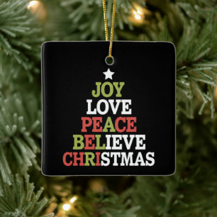 Joy Love Peace Believe Christmas Tree Family Ceramic Ornament