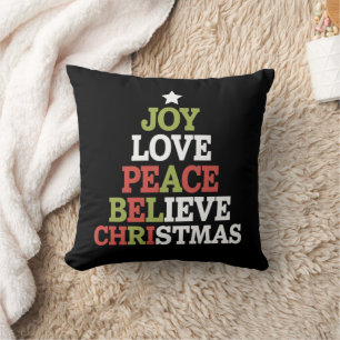 Joy Love Peace Believe Christmas Tree Family Throw Pillow