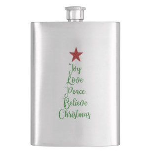 Joy Love Peace Believe Christmas Tree with Red Hip Flask