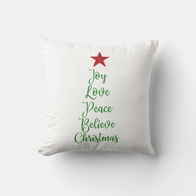 Joy Love Peace Believe Christmas Tree with Red Throw Pillow (Front)