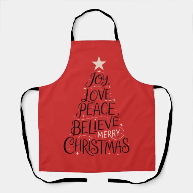 Joy Love Peace Believe Merry Christmas Tree Xmas Apron (Front)