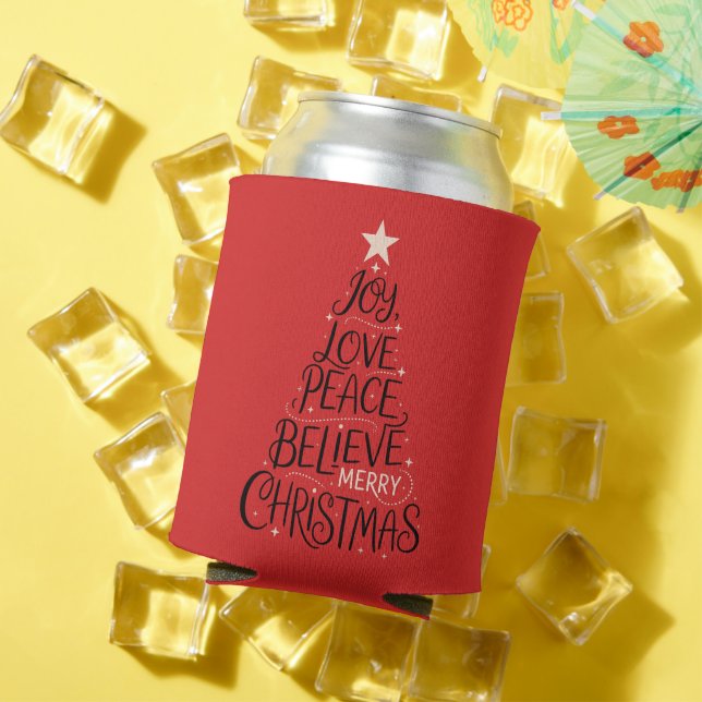 Joy Love Peace Believe Merry Christmas Tree Xmas Can Cooler (In Situ Summer)