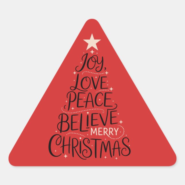 Joy Love Peace Believe Merry Christmas Tree Xmas Triangle Sticker (Front)