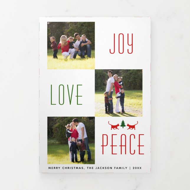 Joy Love Peace cat, tree pattern Christmas photo Tri-Fold Holiday Card (Cover)