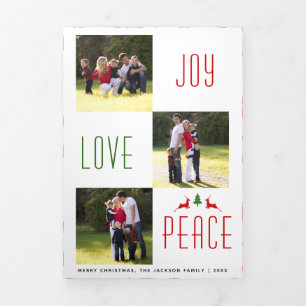 Joy Love Peace deer, tree pattern Christmas photo Tri-Fold Holiday Card
