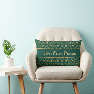Joy Love Peace: Green & Gold Bow Throw Pillow