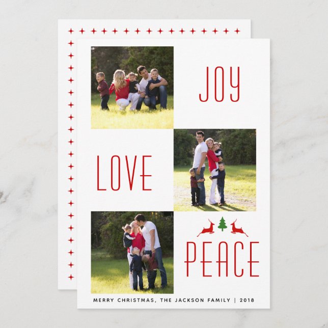 Joy Love Peace red, white Christmas photo card (Front/Back)