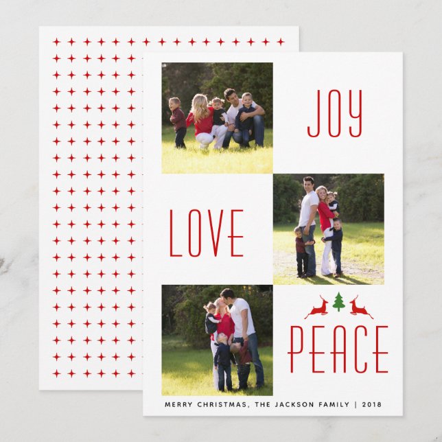 Joy Love Peace rouge, carte photo de Noël blanche (Devant / Derrière)