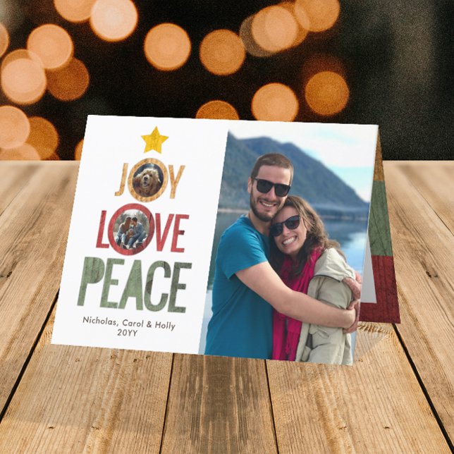 Joy Love Peace Rustic 3-Photo Christmas Tree Holiday Card (Creator Uploaded)