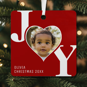 Joy Merry Christmas Heart Photo Red Metal Ornament