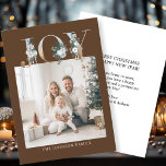 JOY-Merry Christmas!   Modern, simple photo  Holiday Card<br><div class="desc">Customer specific "Joy-Merry Christmas" photo holiday card. Celebrate the joy of the holiday season with this beautifully designed, customizable photo card. The elegant brown background frames your personal family photo perfectly, making your holiday greetings stand out with style. Across the top, the word "JOY" is artfully displayed in festive, gold-accented...</div>