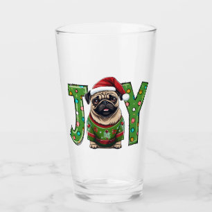 JOY Merry Christmas Pug Santa Glass
