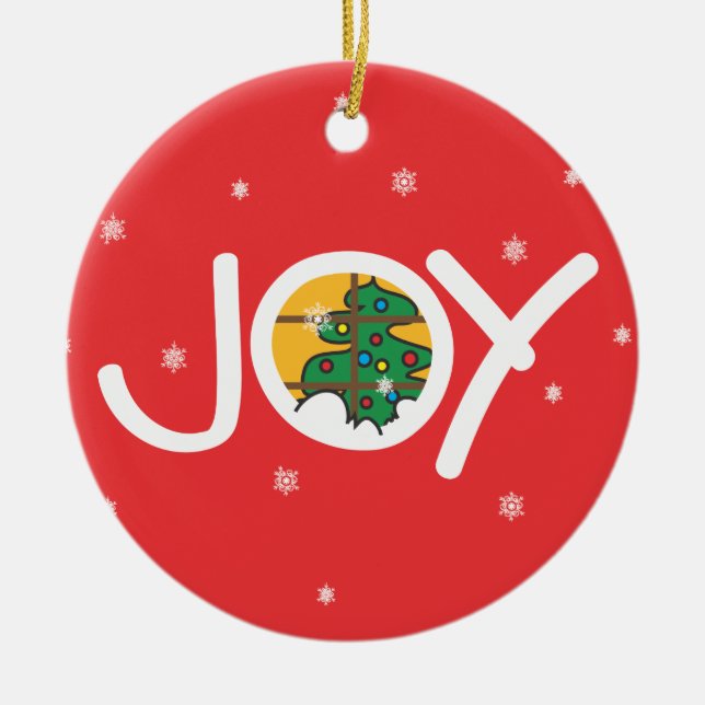 Joy - Merry Christmas Round Red Ornament (Front)