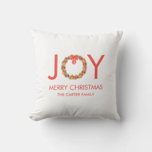 Joy Merry Christmas Wreath Family Throw Pillow