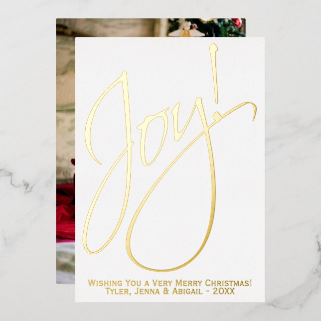 Joy! Minimalist Christmas Gold & White Photo Back Foil Holiday Card (Front/Back)
