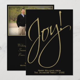 Joy! Minimalist Gold & Black Family Photo Holiday Card