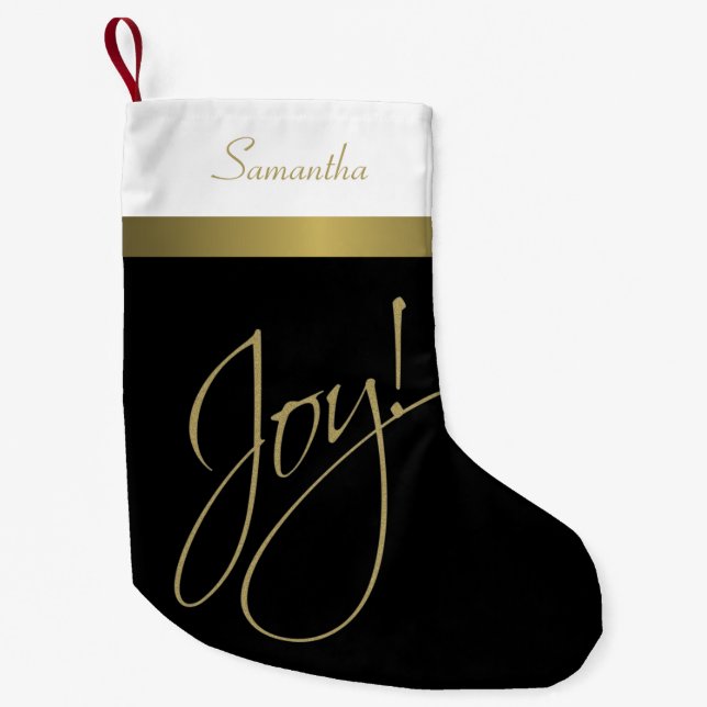 Joy! Minimalist Sophisticated Gold Black & White Small Christmas Stocking (Front)