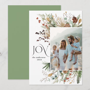 Joy modern 1 photo watercolor botanical floral hol holiday card