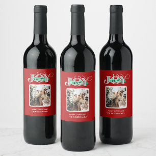 JOY Modern Bold Script Minimalist Photo Christmas  Wine Label
