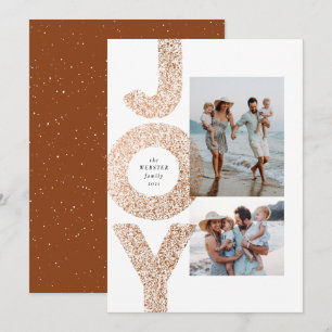 Joy modern bronze speckle two photo Christmas Holiday Card