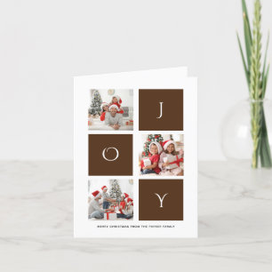 JOY Modern Brown Fun Script Photo Collage Simple Holiday Card