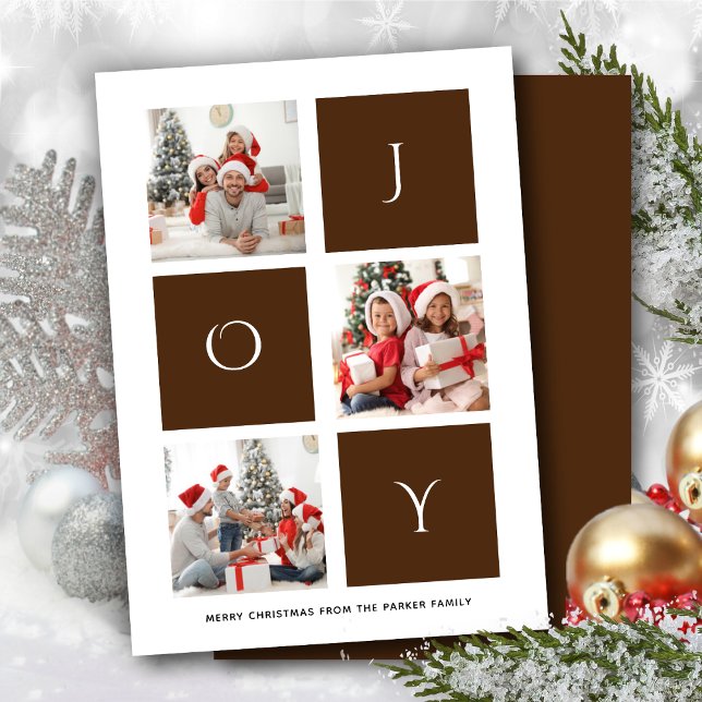 JOY Modern Brown Fun Script Photo Collage Simple Holiday Card (Creator Uploaded)