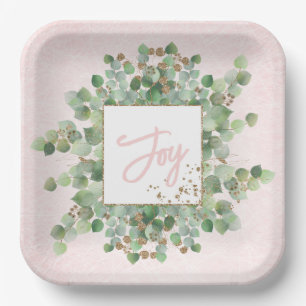 Joy Modern Eucalyptus Gold Glitter Pastel Pink     Paper Plate