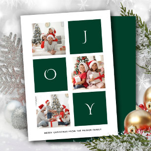 JOY Modern Green Fun Script Photo Collage Simple Holiday Card