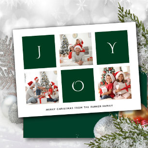 JOY Modern Green Fun Script Photo Collage Simple Holiday Card