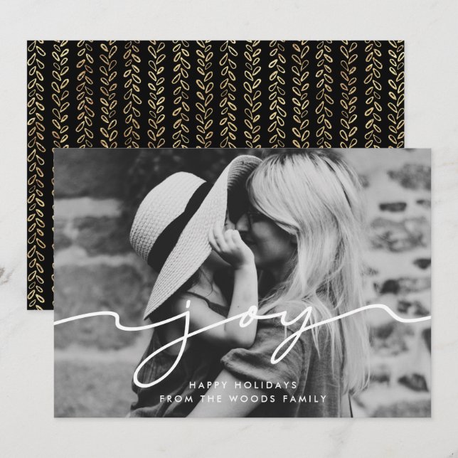 Joy Modern handwritten script Holiday photo card (Front/Back)